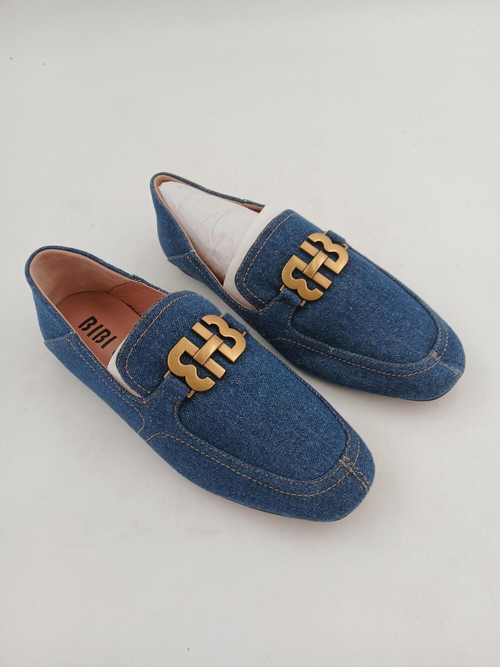 Bibi Lou Shoes Womens Size 7.5 Blue Denim Loafers Gold Bit Slip On Flat